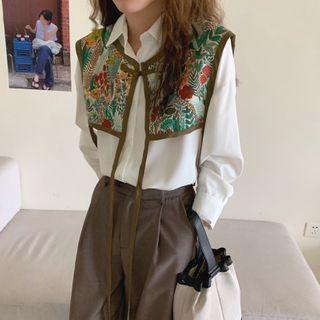 Long-sleeve Plain Shirt / Printed Vest
