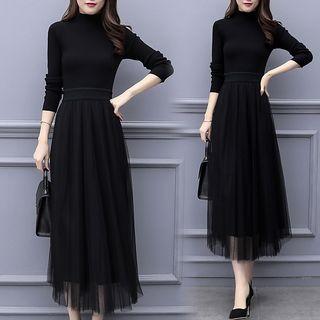 Mock-turtleneck Mesh Overlay A-line Midi Dress