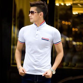 Stripe Trim Stand Collar Polo Shirt