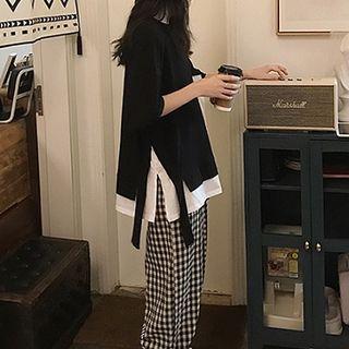 Mock Two-piece Elbow-sleeve T-shirt / Plaid Harem Pants