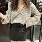V-neck Sweater / Faux Leather Pencil Skirt