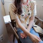 Short-sleeve Floral Embroidered Knit Top Cream - One Size