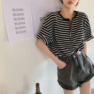 Short-sleeve Striped Half-zip T-shirt Stripes - Black - One Size