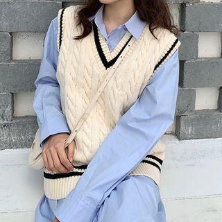 Contrast Trim Cable-knit Vest As Shown In Figure - One Size