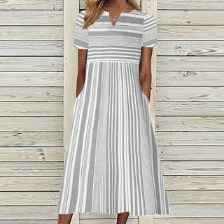 Short-sleeve V-neck Striped Midi A-line Dress