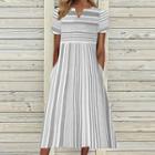 Short-sleeve V-neck Striped Midi A-line Dress