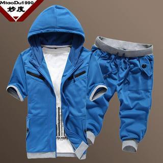 Set: Short-sleeve Contrast-trim Hooded Jacket + Drawstring Cropped Sweatpants