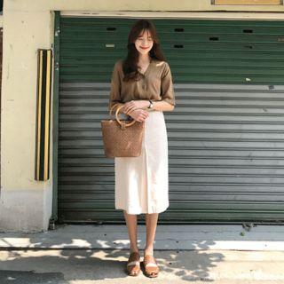 Band-waist Midi Pencil Skirt