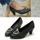 Genuine-leather Buckle-front Chunky-heel Pumps