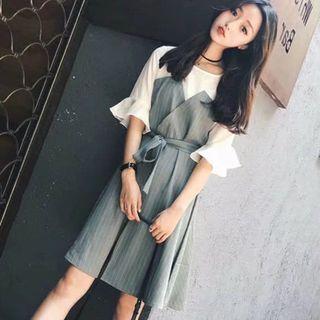 Mock Two-piece Pinstriped Flared-sleeve Dress