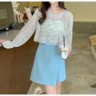 Long-sleeve Floral Chiffon Top / Plain Asymmetrical Skort