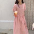 Short-sleeve Drawstring-waist Plain Dress Pink - One Size