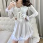 Set: Long-sleeve Bow Accent T-shirt + Mini A-line Skirt