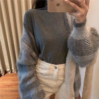 Plaid Loose-fit Cardigan / Plain Turtle-neck Long-sleeve Top