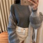Plaid Loose-fit Cardigan / Plain Turtle-neck Long-sleeve Top