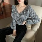 Plaid Open-back Cropped Blouse As Shown In Figure - One Size