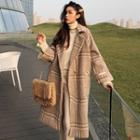 Plaid Button Long Coat Coffee - One Size