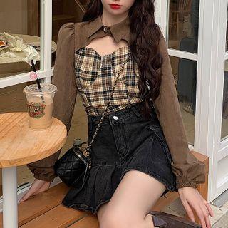 Lantern-sleeve Collared Plaid Cut-out Blouse