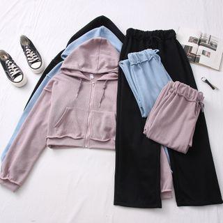 Set: Hooded Jacket + High-waist Straight-cut Sweatpants
