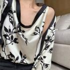 Mock Two-piece Floral Blouse Black Flowers - White - One Size