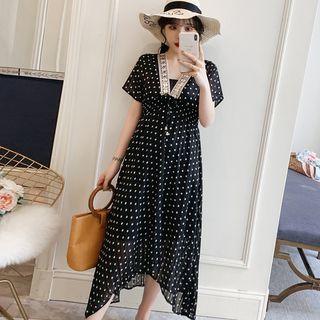 Short-sleeve Polka Dot Chiffon A-line Midi Dress