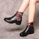 Genuine Leather Block Heel Flower Embroidered Short Boots