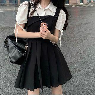 Mock Two-piece Short-sleeve Pleated Mini A-line Shirtdress Black - One Size