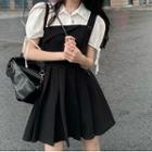 Mock Two-piece Short-sleeve Pleated Mini A-line Shirtdress Black - One Size