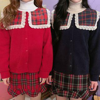 Lace-trim Plaid Collar Cardigan