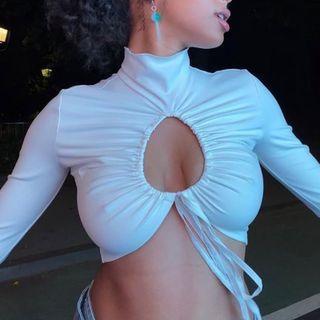 Long-sleeve Turtleneck Tie-waist Cutout Crop Top