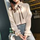 Ruffle Trim Long-sleeve Tie-neck Blouse