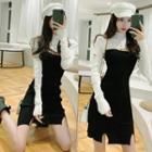 Two-tone Cut-out Mock-turtleneck A-line Mini Knit Dress Black & White - One Size