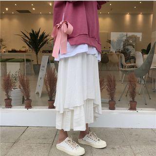 Bow-accent Panel Pullover / Asymmetric Midi Skirt