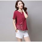 Embroidered Split Neck Short Sleeve T-shirt