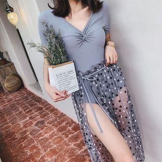 Set: Short-sleeve Swimsuit + Sheer Skirt