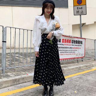 Long-sleeve Ruffle Trim Blouse / Midi Accordion Pleat Dotted Skirt