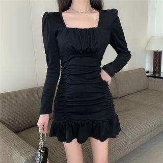 Long-sleeve Square-neck Ruffle A-line Dress