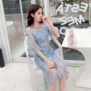 Elbow-sleeve Midi Mermaid Lace Dress