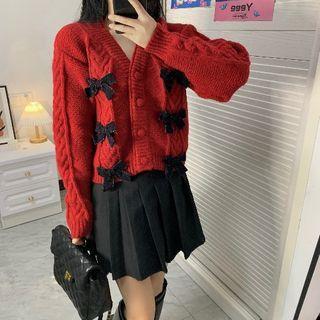 Bow Cardigan / Pleated Mini Skirt