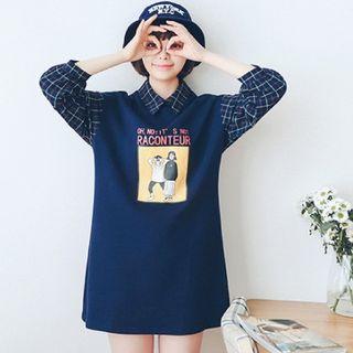 Long-sleeve Panel A-line Dress Navy Blue - One Size