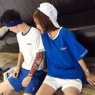 Couple Matching Letter Embroidered Elbow Sleeve T-shirt