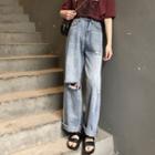 High Waist Ripped Straight Cut Jeans