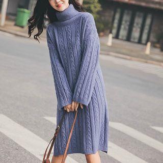 Turtleneck Long-sleeve Twist-knit Shift Dress