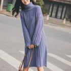 Turtleneck Long-sleeve Twist-knit Shift Dress