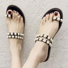 Faux Pearl Loop-toe Faux Leather Slide Sandals