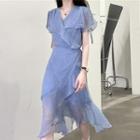Bell-sleeve Ruffle Trim Asymmetrical Hem Polka Dot Midi Dress Purple Blue - One Size