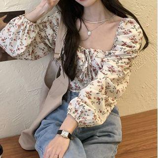 Puff Long-sleeve Square Neck Floral Crop Top