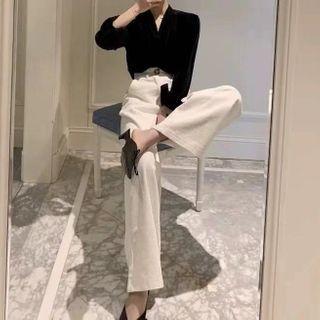 Set: Long Sleeve V-neck Top + Plain Wide-leg Pants