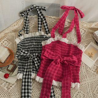 Checkerboard Ribbon-accent Lace-trim Halter Top