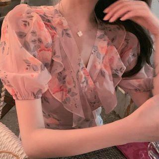 Short-sleeve Floral Mesh Top Pink - One Size